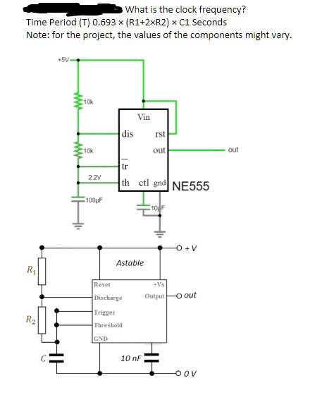 What is the clock frequency?
Time Period (T) 0.693 x (R1+2xR2) x C1 Seconds
Note: for the project, the values of the components might vary.