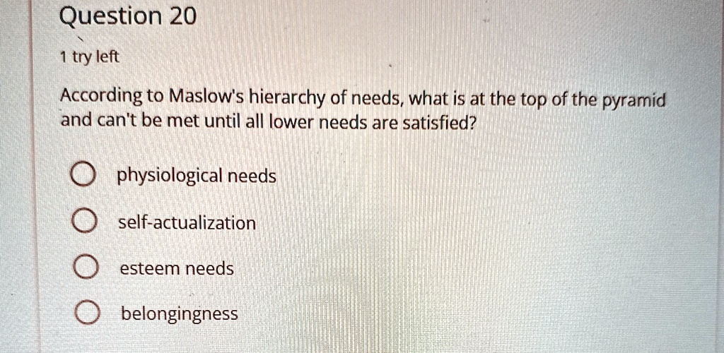 Question 20 1 try left According to Maslow's hierarchy of needs, what ...