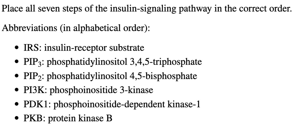 place all seven steps of the insulin signaling pathway in the correct order abbreviations in alphabetical order irs insulin receptor substrate pip3 phosphatidylinositol 345 triphosphate pip2 23612