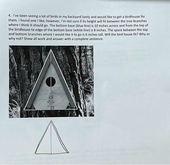 4. I've been seeing a lot of birds in my backyard lately and would like to get a birdhouse for them. I found one I like; however, I'm not sure if its height will fit between the tree branches where I think it should go. The bottom base (blue line) is 10 inches across and from the top of the birdhouse to edge of the bottom base (white line) is 8 inches. The space between the top and bottom branches where I would like it to go is 6 inches tall. Will the bird house fit? Why or why not? Show all work and answer with a complete sentence.