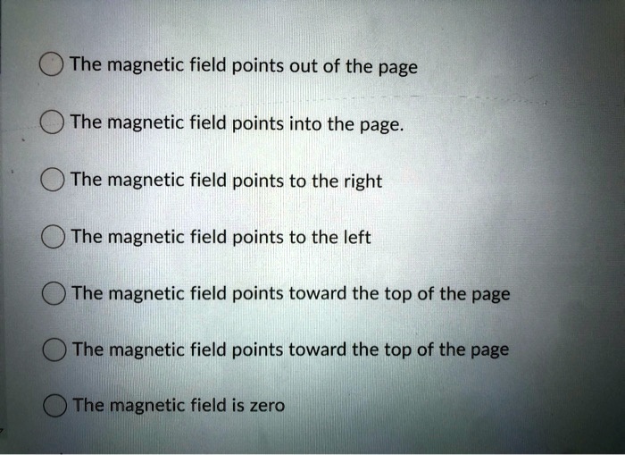the magnetic field points out of the page the magnetic field points into the page the magnetic field points to the right the magnetic field points to the left the magnetic field points towar 69158