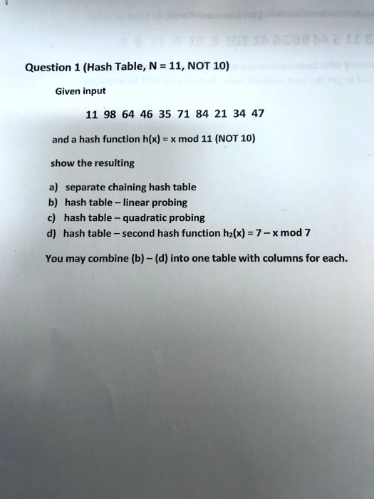 Question 1 (Hash Table, N = 11, NOT 10)
Given input
11 98 64 46 35 71 84 21 34 47
and a hash function h(x) = x mod 11 (NOT 10)
show the resulting
a) separate chaining hash table
b) hash table - linear probing
c) hash table - quadratic probing
d) hash table - second hash function h2(x) = 7 - x  7
You may combine (b) - (d) into one table with columns for each.