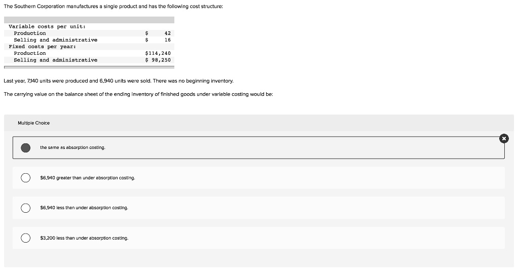 SOLVED The Southern Corporation manufactures a single product and has