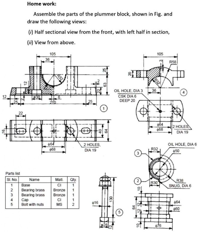 Home work: Assemble the parts of the plummer block, shown in Fig. and ...