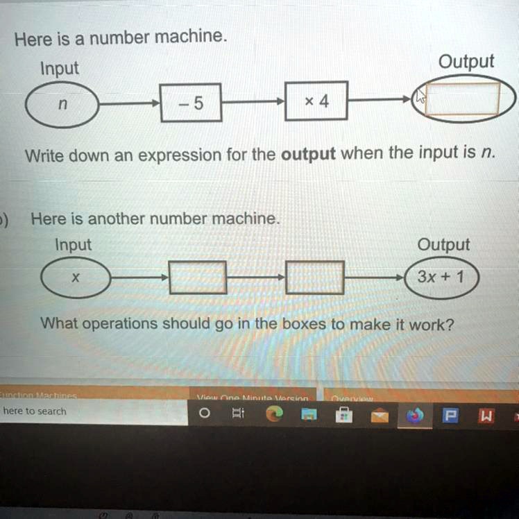 Here is a number machine. Input n -5 x 4 Output Write down an ...