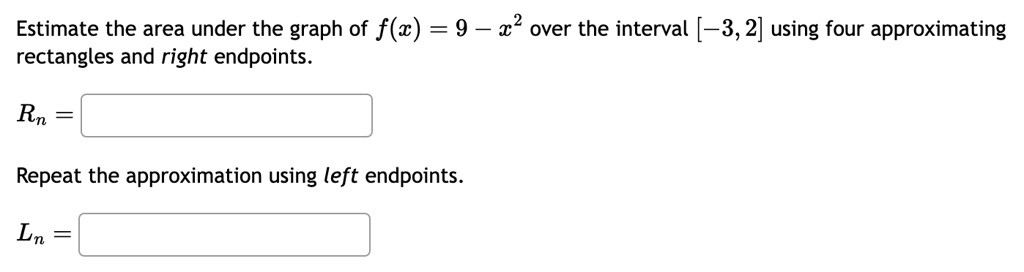 estimate the area under the graph of fx 9 x2 over the interval 3 2 using four approximating rectangles and right endpoints rn repeat the approximation using left endpoints ln 72645