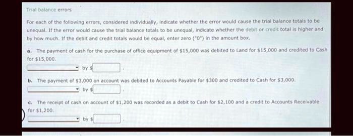 SOLVED: Texts: Trial Balance Errors For each of the following errors ...