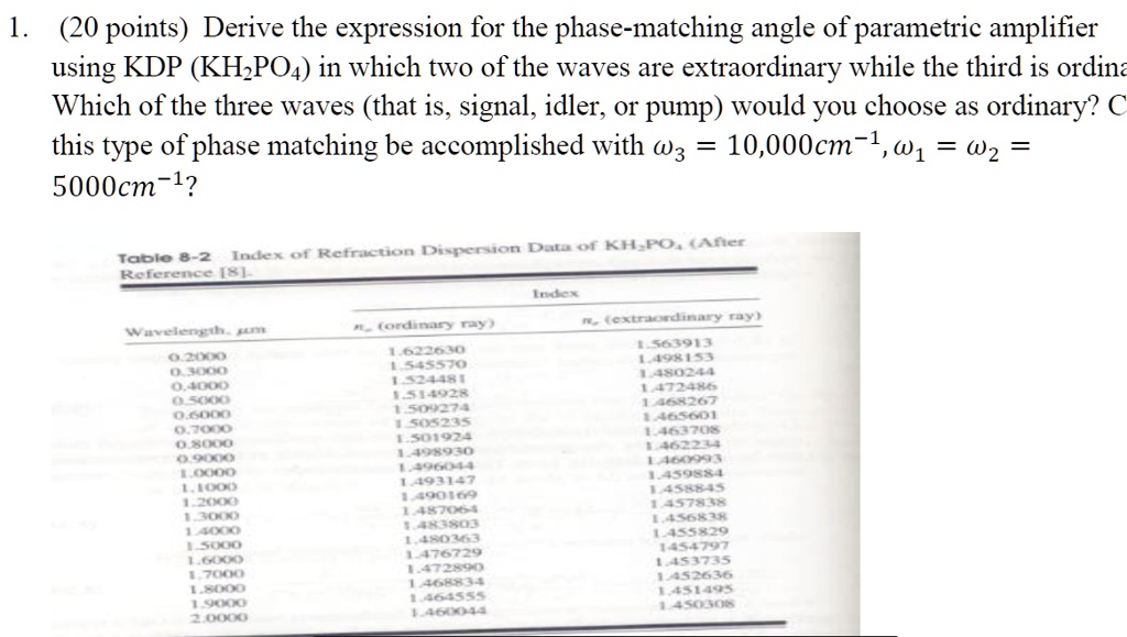 will upvote i 20 points derive the expression for the phase matching angle of parametric amplifier using kdp khpo4 in which two of the waves are extraordinary while the third is ordina which 76679