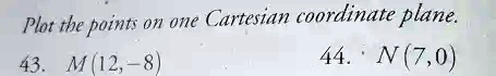 Plot the points on one Cartesian coordinate plane.
43. M (12,-8)
44. N (7,0)