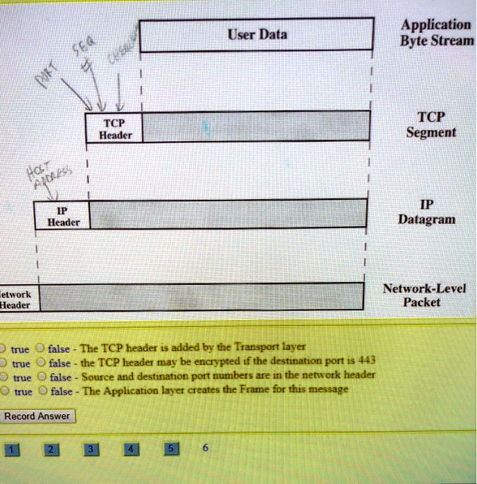 etwork
Header
PORT SEQ
HOST
APORESS
TCP
Header
IP
Header
User Data
Application
Byte Stream
true
true
true
truefalse - The TCP header is added by the Transport layer
false the TCP header may be encrypted if the destination port is 443
false - Source and destination port numbers are in the network header
false - The Application layer creates the Frame for this message
Record Answer
1
2
3
4
5
6
TCP
Segment
IP
Datagram
Network-Level
Packet