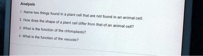 SOLVED: Analysis Name two things found in plant cell that are not found in  an animal cell: How does the shape E of a plant cell differ from that of an  animal