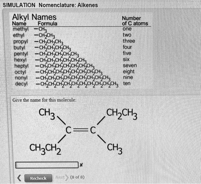 SIMULATION Nomenclature: Alkenes Alkyl Names Name Formula methyl ethyl ...