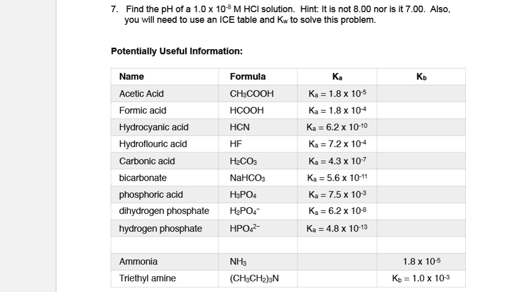 SOLVED: Find the pH of a 1.0 x 10^-8 M HCl solution. Hint: It is not 8. ...