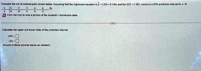 consider the set of ordered pairs shown below assuming that the regression equation is y 423x 149 and the sse 4383 construct a 95 prediction interval for x click the icon to view portion of  16281
