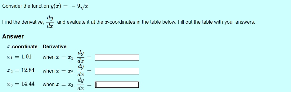 SOLVED: Consider the function y() = - 9/ dy Find the derivative, and ...
