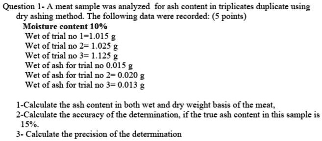SOLVED: A meat sample was analyzed for ash content in triplicate using ...