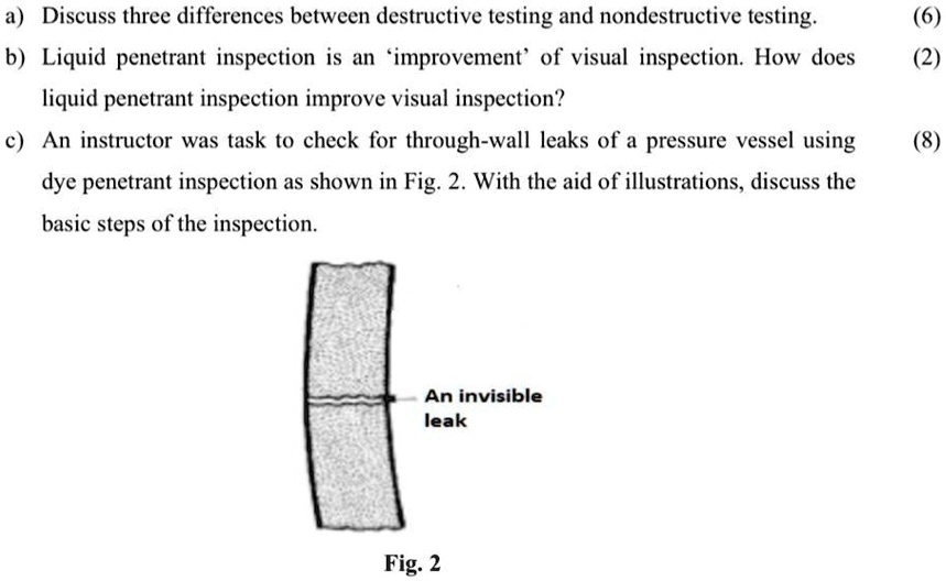 a) Discuss three differences between destructive testing and nondestructive testing.
(6)
b) Liquid penetrant inspection is an 'improvement' of visual inspection. How does
liquid penetrant inspection improve visual inspection?
(2)
c) An instructor was task to check for through-wall leaks of a pressure vessel using
dye penetrant inspection as shown in Fig. 2. With the aid of illustrations, discuss the
basic steps of the inspection.
(8)
An invisible
leak
Fig. 2