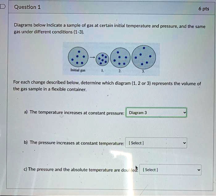 Question 1
6 pts
Diagrams below indicate a sample of gas at certain initial temperature and pressure, and the same gas under different conditions (1-3).

Initial gas
1.
2.
3.

For each change described below, determine which diagram (1, 2 or 3) represents the volume of the gas sample in a flexible container.

a) The temperature increases at constant pressure: [Diagram 3]

b) The pressure increases at constant temperature: [ Select ]

c) The pressure and the absolute temperature are doubled: [ Select ]