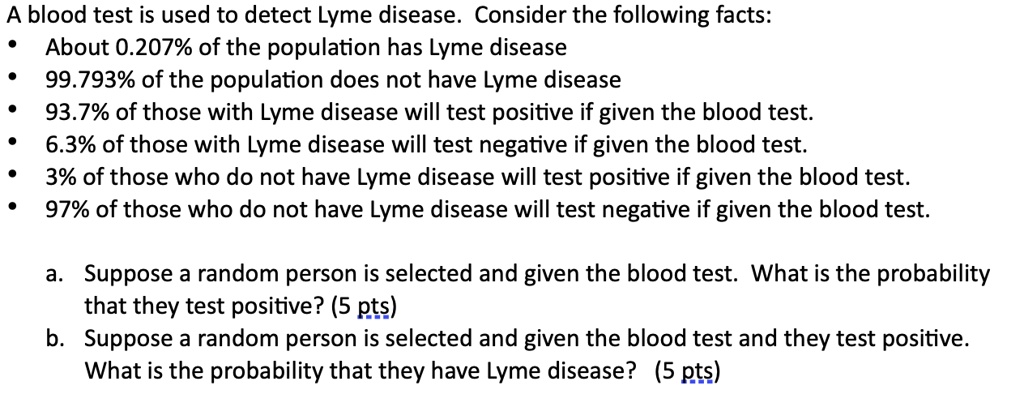 A blood test is used to detect Lyme disease. Consider the following facts:
• About 0.207% of the population has Lyme disease
• 99.793% of the population does not have Lyme disease
• 93.7% of those with Lyme disease will test positive if given the blood test.
• 6.3% of those with Lyme disease will test negative if given the blood test.
• 3% of those who do not have Lyme disease will test positive if given the blood test.
• 97% of those who do not have Lyme disease will test negative if given the blood test.

a. Suppose a random person is selected and given the blood test. What is the probability that they test positive? (5 pts)
b. Suppose a random person is selected and given the blood test and they test positive. What is the probability that they have Lyme disease? (5 pts)