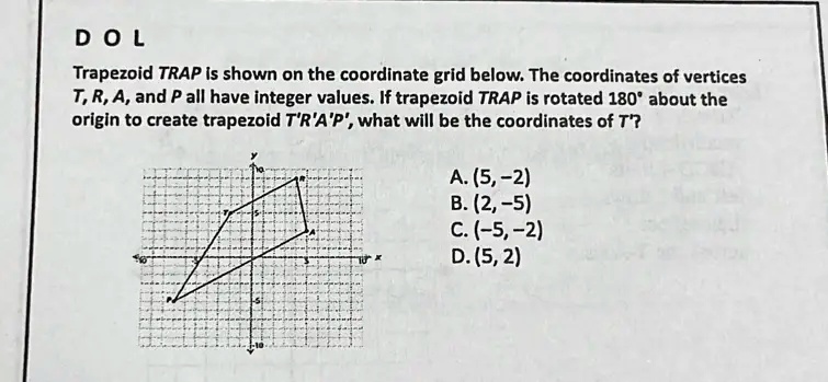 DOL
Trapezoid TRAP is shown on the coordinate grid below. The coordinates of vertices
T, R, A, and P all have integer values. If trapezoid TRAP is rotated 180° about the
origin to create trapezoid T'R'A'P', what will be the coordinates of T'?
A. (5, -2)
B. (2, -5)
C. (-5, -2)
D. (5, 2)