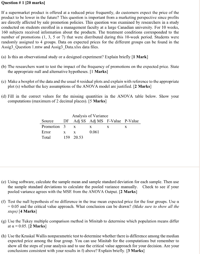 Question # 1 [20 marks]

If a supermarket product is offered at a reduced price frequently, do customers expect the price of the product to be lower in the future? This question is important from a marketing perspective since profits are directly affected by sale promotion policies. This question was examined by researchers in a study conducted on students enrolled in a management faculty at a large Canadian university. For 10 weeks, 160 subjects received information about the products. The treatment conditions corresponded to the number of promotions (1, 3, 5 or 7) that were distributed during this 10-week period. Students were randomly assigned to 4 groups. Data on expected prices for the different groups can be found in the Assign3Question1.mtw and Assign3Data.xlsx data files.

(a) Is this an observational study or a designed experiment? Explain briefly. [1 Mark]

(b) The researchers want to test the impact of the frequency of promotions on the expected price. State the appropriate null and alternative hypotheses. [1 Marks]

(c) Make a boxplot of the data and the usual 4 residual plots and explain with reference to the appropriate plot(s) whether the key assumptions of the ANOVA model are justified. [2 Marks]

(d) Fill in the correct values for the missing quantities in the ANOVA table below. Show your computations (maximum of 2 decimal places). [5 Marks]

Analysis of Variance

Source       DF    Adj SS    Adj MS    F-Value    P-Value
Promotion     3     x         x         x          x
Error         x     x        0.061
Total        159   20.53

(e) Using software, calculate the sample mean and sample standard deviation for each sample. Then use the sample standard deviations to calculate the pooled variance manually. Check to see if your pooled variance agrees with the MSE from the ANOVA Output. [2 Marks]

(f) Test the null hypothesis of no difference in the true mean expected price for the four groups. Use ? = 0.05 and the critical value approach. What conclusion can be drawn? (Make sure to show all the steps) [4 Marks]

(g) Use the Tukey multiple comparison method in Minitab to determine which population means differ at ? = 0.05. [2 Marks]

(h) Use the Kruskal Wallis nonparametric test to determine whether there is a difference among the median expected price among the four groups. You can use Minitab for the computations, but remember to show all the steps of your analysis and to use the critical value approach for your decision. Are your conclusions consistent with your results in (f) above? Explain briefly. [3 Marks]