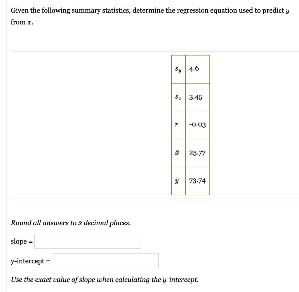 Given the following summary statistics, determine the regression equation used to predict y from x.
sy 4.6
sx 3.45
r -0.03
x? 25.77
y? 73.74
Round all answers to 2 decimal places.
slope =
y-intercept =
Use the exact value of slope when calculating the y-intercept.