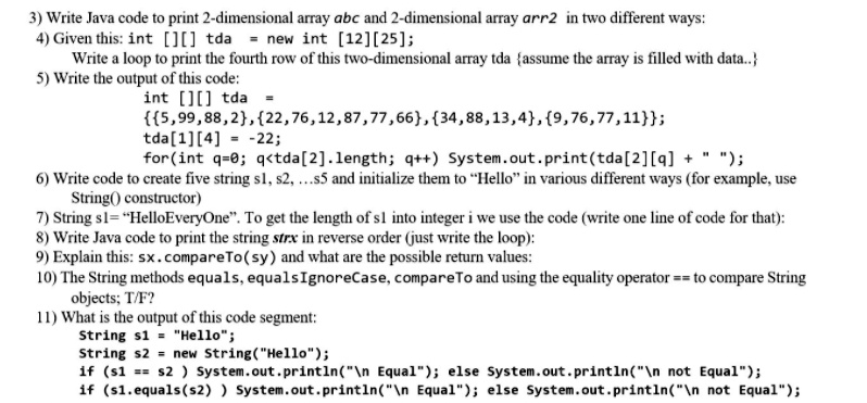 in java 3 write java code to print 2 dimensional array abc and 2 dimensional array arr2 in two different ways 4given thisint tda new int 1225 write a loop to print the fourth row of this two 04434