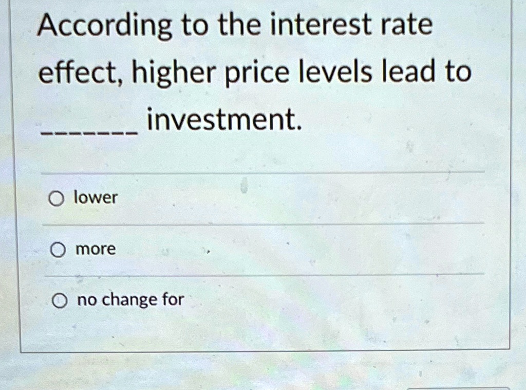 According to the interest rate
effect, higher price levels lead to
——– investment.
O lower
O more
O no change for