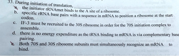 33. During initiation of translation,
a. the initiator tRNAmet binds to the A site of a ribosome.
b. specific rRNA base pairs with a sequence in mRNA to position a ribosome at the start
codon.
c. IF-3 must be recruited to the 30S ribosome in order for the 70S initiation complex to
assemble.
d. there is no energy expenditure as the tRNA binding to mRNA is via complementary base
pairing.
e. Both 70S and 30S ribosome subunits must simultaneously recognize an mRNA to
bind.