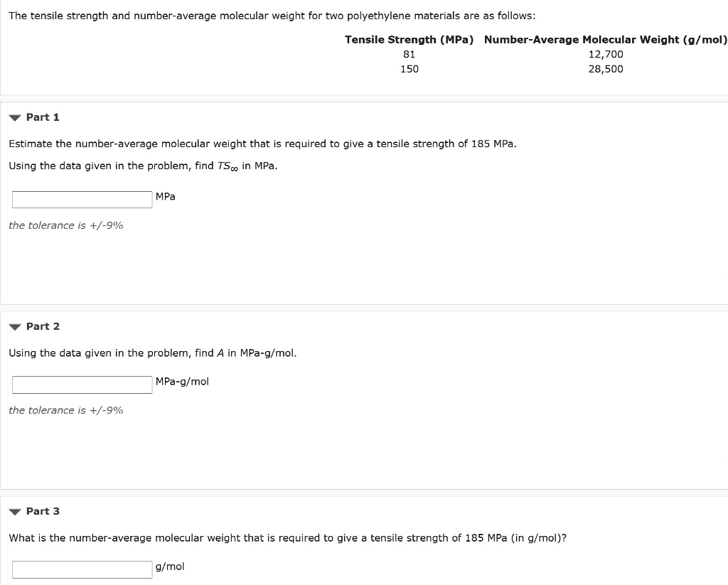 SOLVED The tensile strength and numberaverage molecular weight for two polyethylene materials