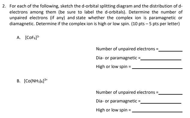 for each of the following sketch the d orbital splitting diagram and ...