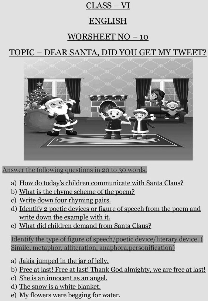 Class 6 English Dear Santa CLASS VI ENGLISH WORKSHEET NO. 10 TOPIC