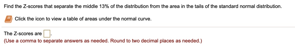 Find the Z-scores that separate the middle 13% of the distribution from the area in the tails of the standard normal distribution.
Click the icon to view a table of areas under the normal curve.
The Z-scores are 
(Use a comma to separate answers as needed. Round to two decimal places as needed.)