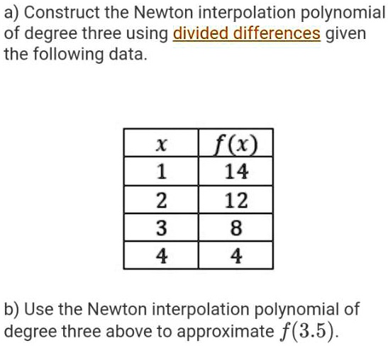 SOLVED: a) Construct the Newton interpolation polynomial of degree ...