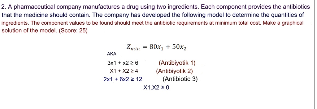 2. A pharmaceutical company manufactures a drug using two ingredients. Each component provides the antibiotics that the medicine should contain. The company has developed the following model to determine the quantities of ingredients. The component values to be found should meet the antibiotic requirements at minimum total cost. Make a graphical solution of the model. (Score: 25)
Zmin = 80x1 + 50x2
AKA
3x1 + x2 ≥ 6 (Antibiyotik 1)
x1 + x2 ≥ 4 (Antibiyotik 2)
2x1 + 6x2 ≥ 12 (Antibiotic 3)
x1, x2 ≥ 0