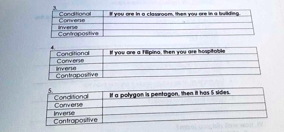 SOLVED: Conditional Converse Inverse Contrapositive If you are in a classroom, then you are in a building. Conditional Converse Inverse Contrapositive If you are a Filipino, then you are hospitable. If