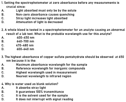 Solved Setting The Spectrophotometer Zero Absorpance Betore Crucial Since Light Absorbed Must Only By The Colute Zero Absorbance Causes Quenching Stray Light Increases Light Absorbe Attenuation Light Decreasag Measurements Whole Blood Tested In