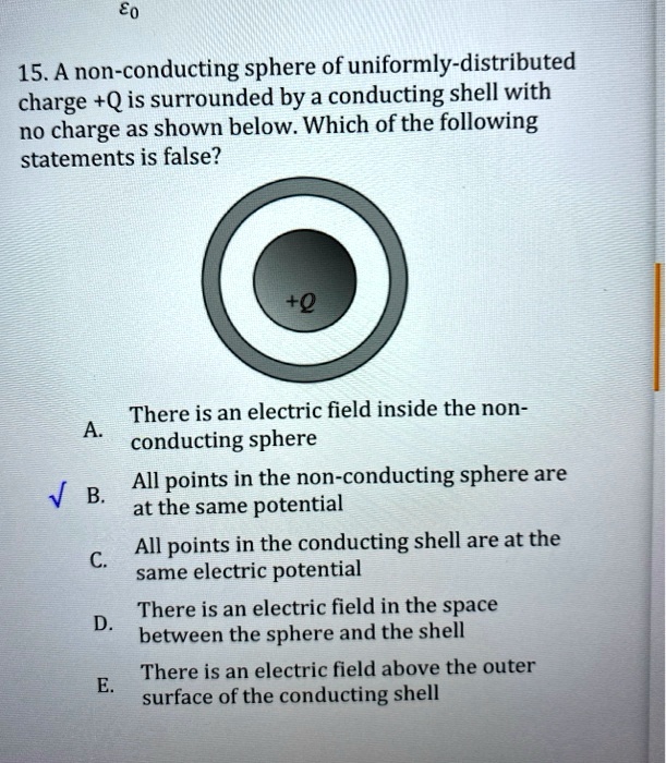 Solved 15 A Non Conducting Sphere Of Uniformly Distributed Charge Q Is Surrounded By A Conducting Shell With No Charge As Shown Below Which Of The Following Statements Is False There Is An Electric Field