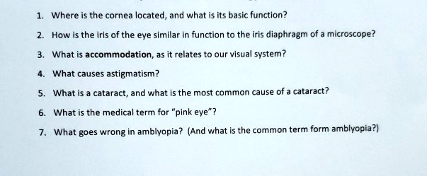 1. Where is the cornea located, and what is its basic function?
2. How is the iris of the eye similar in function to the iris diaphragm of a microscope?
3. What is accommodation, as it relates to our visual system?
4. What causes astigmatism?
5. What is a cataract, and what is the most common cause of a cataract?
6. What is the medical term for "pink eye"?
7. What goes wrong in amblyopia? (And what is the common term form amblyopia?)

