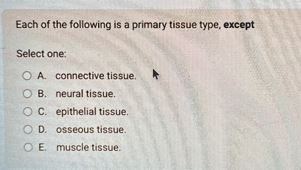 Each of the following is a primary tissue type, except
Select one:
A. connective tissue.
B. neural tissue.
C. epithelial tissue.
D. osseous tissue.
E. muscle tissue.