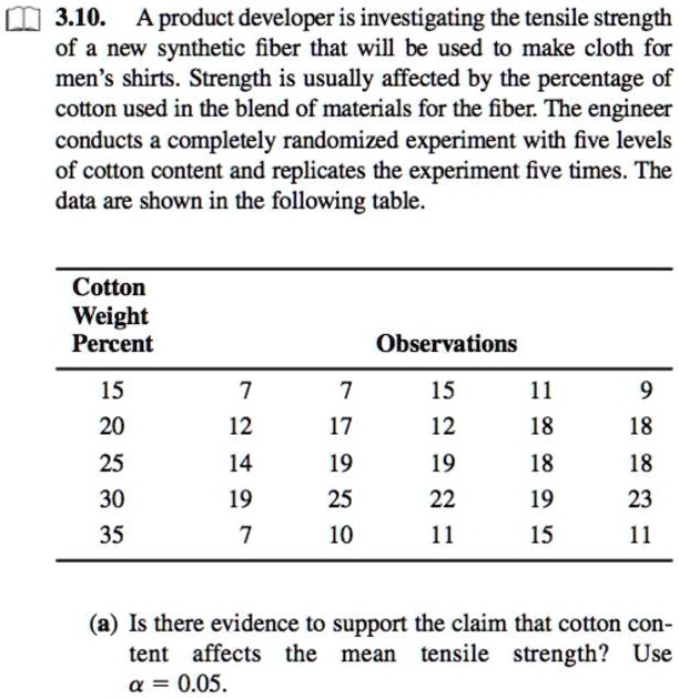 3.10 A product developer is investigating the tensile strength of a new