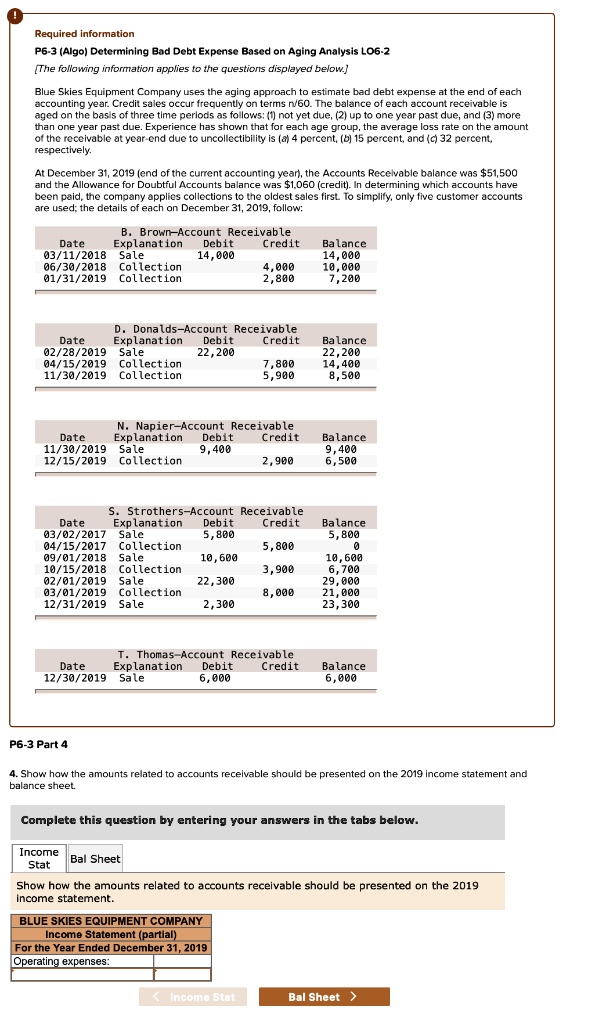 required information p6 3 algo determining bad debt expense based on aging analysis lo6 2 the following inforrmation applies to the questions displayed below blue skies equipment company use 63874