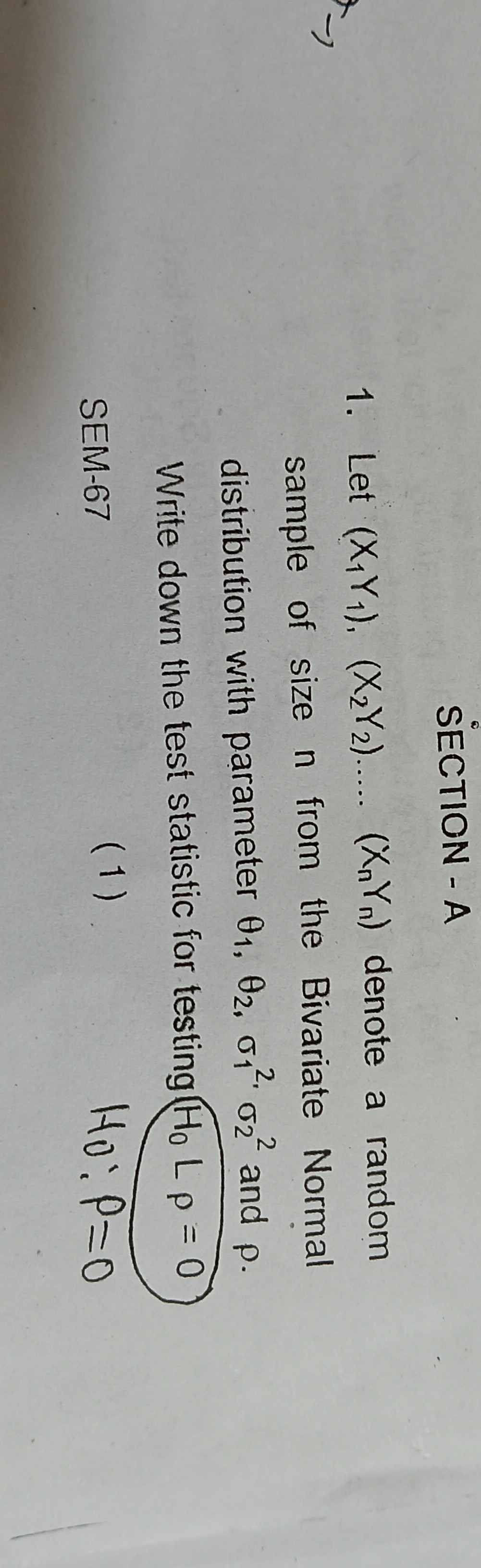 SOLVED: SECTION - A 1. Let (X1 Y1),(X2 Y2) … .(Xn Yn) denote a random ...