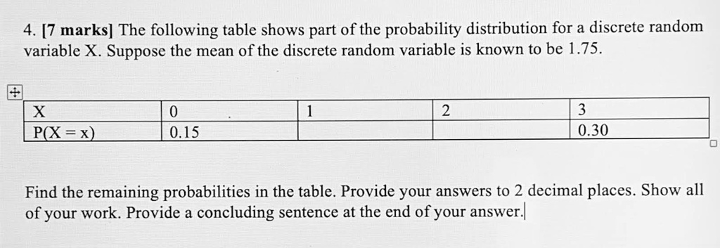 4 7 marks the following table shows part of the probability ...