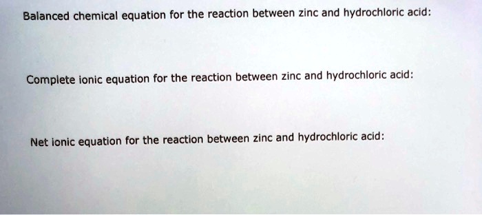 Balanced chemical equation for the reaction between zinc and