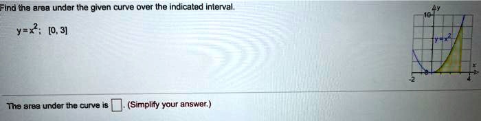 Find the area under the given curve over the indicated interval.
y=x^2; [0, 3]
The area under the curve is . (Simplify your answer.)