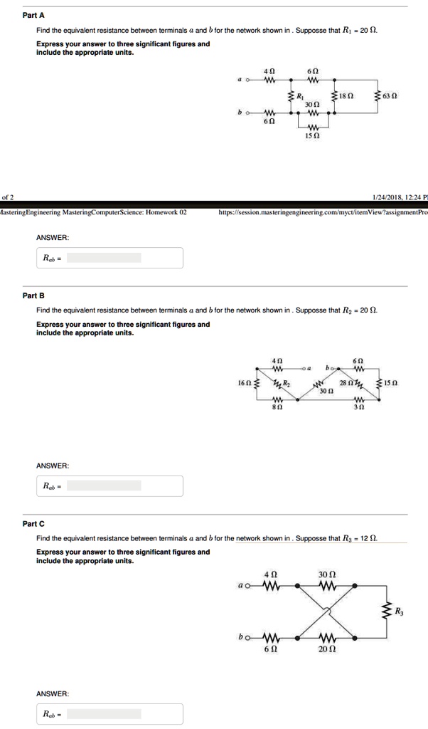 Part A Find the equivalent resistance between terminals a and b for the ...
