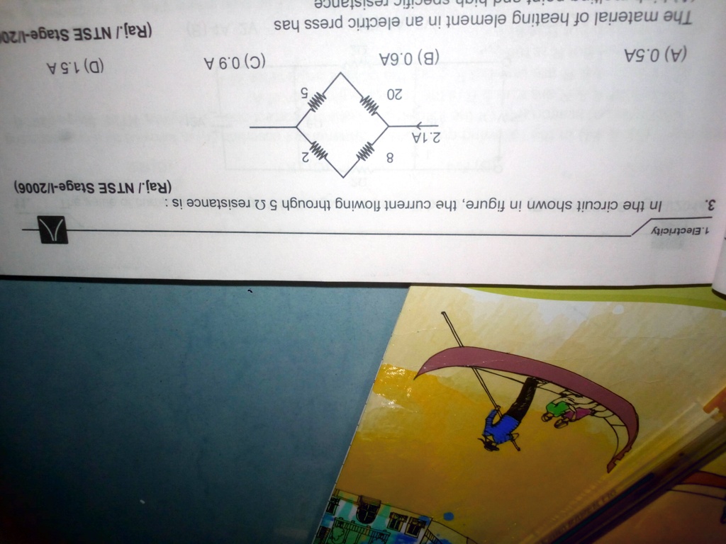 3. In the circuit shown in figure, the current flowing through 5 ? resistance is :
2
5
20
8
2.1A
(A) 0.5A (B) 0.6A (C) 0.9 A (D) 1.5 A