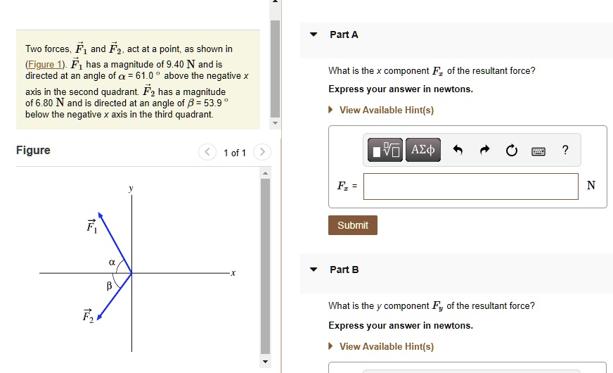 SOLVED: Part A Two forces, F1 and F2, act at a point, as shown in ...