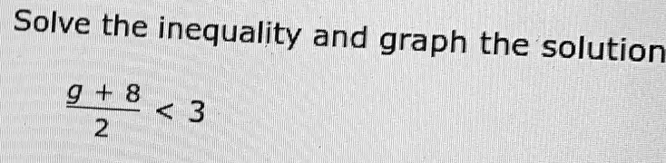 Solve the inequality and graph the solution
(g+8)/(2) < 3